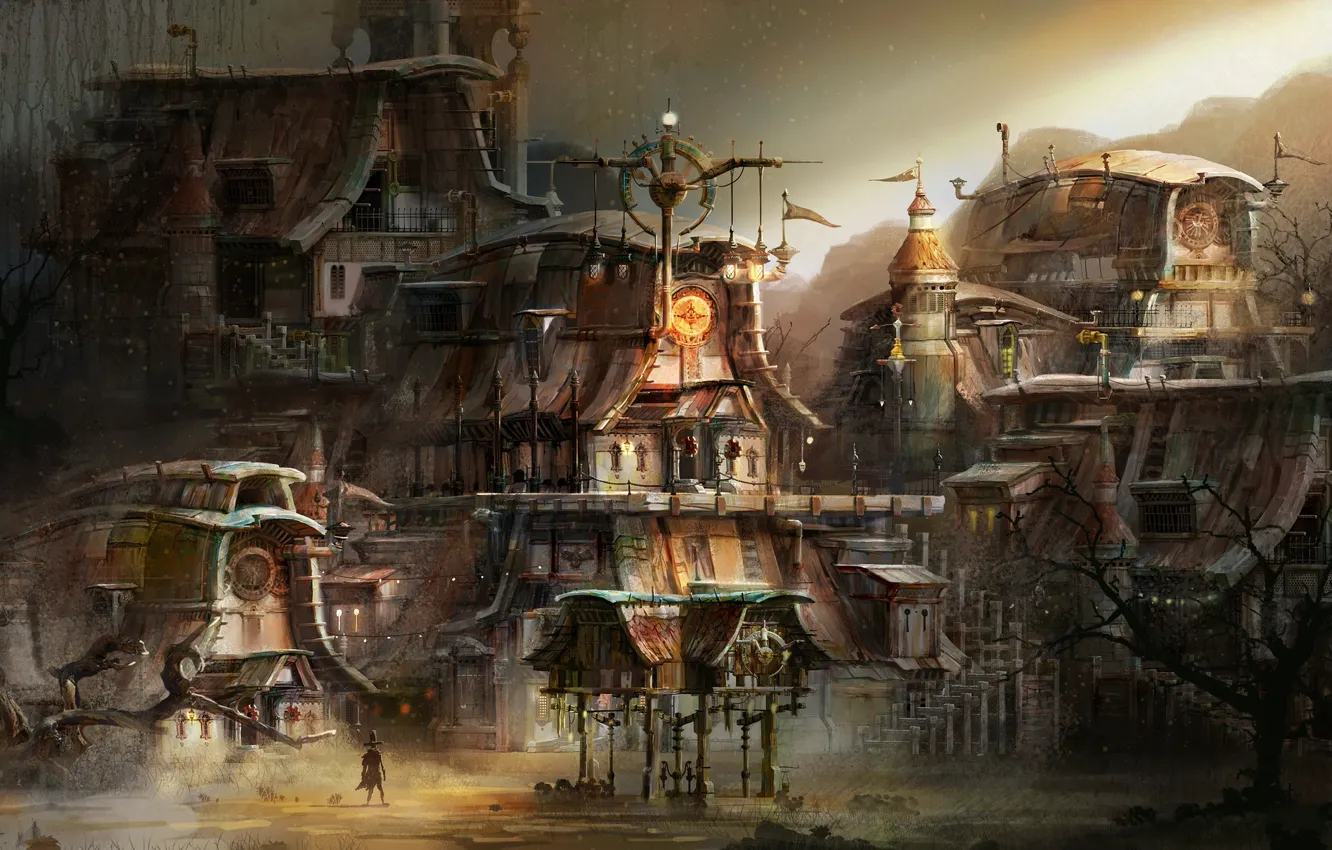 Фото обои горы, дома, постройки, нагромождение, steam punk town concept