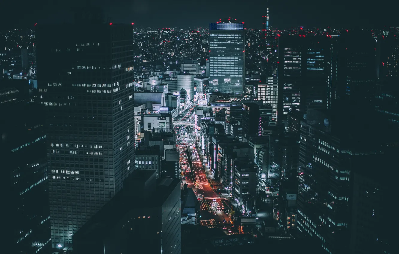 Фото обои дорога, ночь, город, огни, здания, дома, небоскребы, Япония