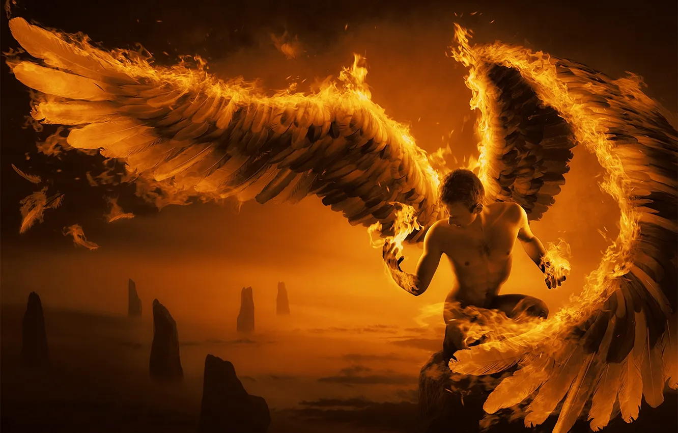 Фото обои скалы, огонь, крылья, перья, арт, парень