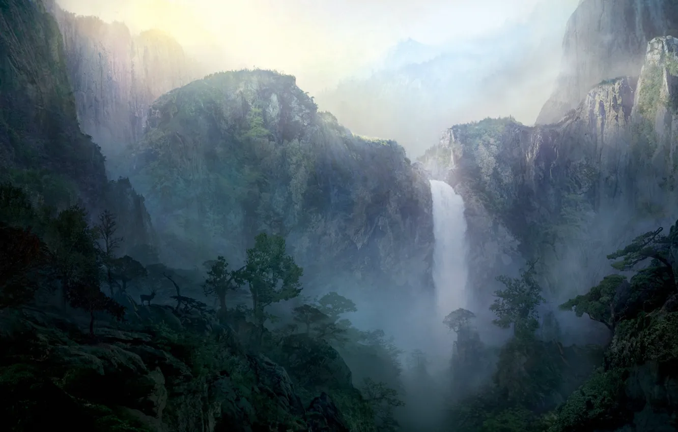 Фото обои пейзаж, горы, рассвет, водопад, олень, утро, арт, нарисованный пейзаж