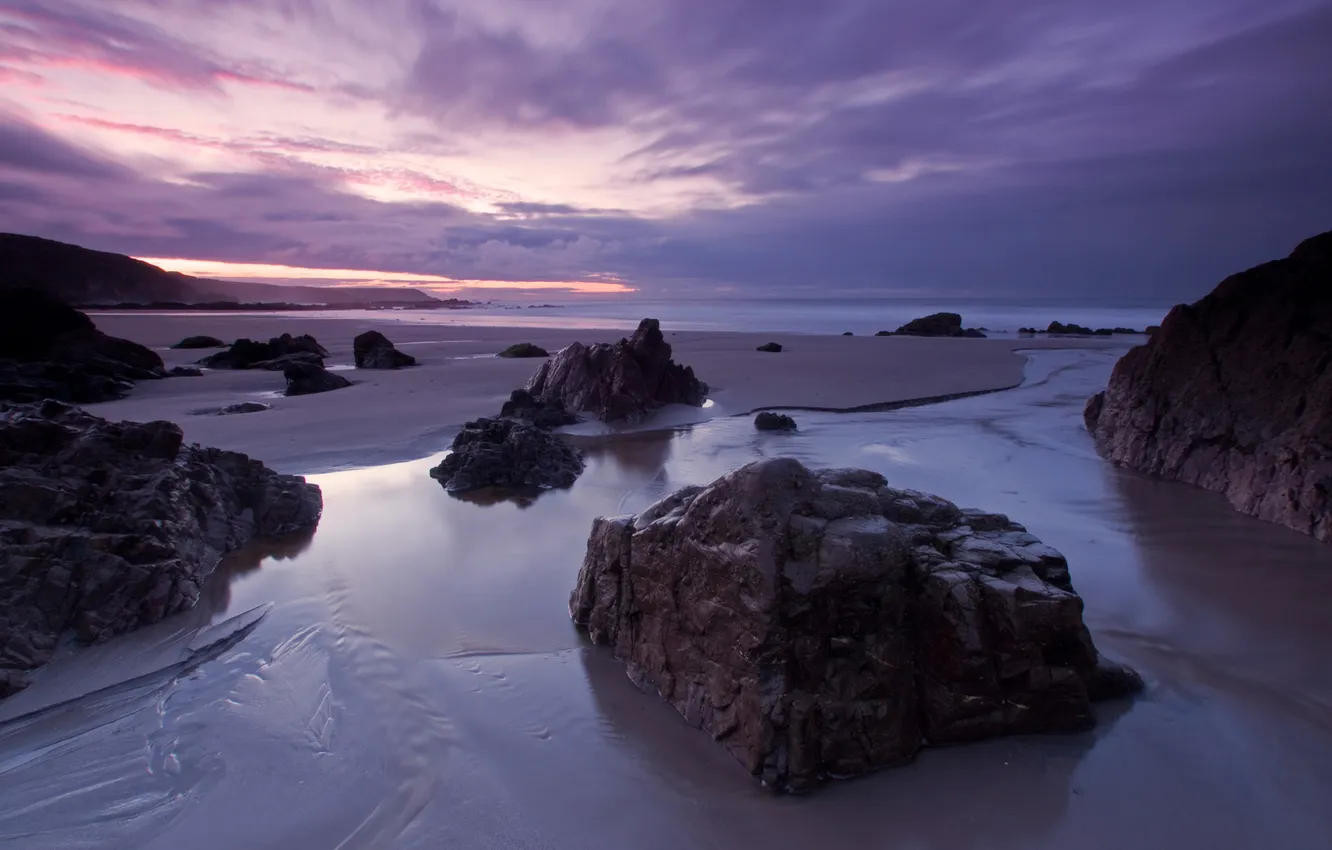 Фото обои песок, море, закат, камни, вечер, булыжники