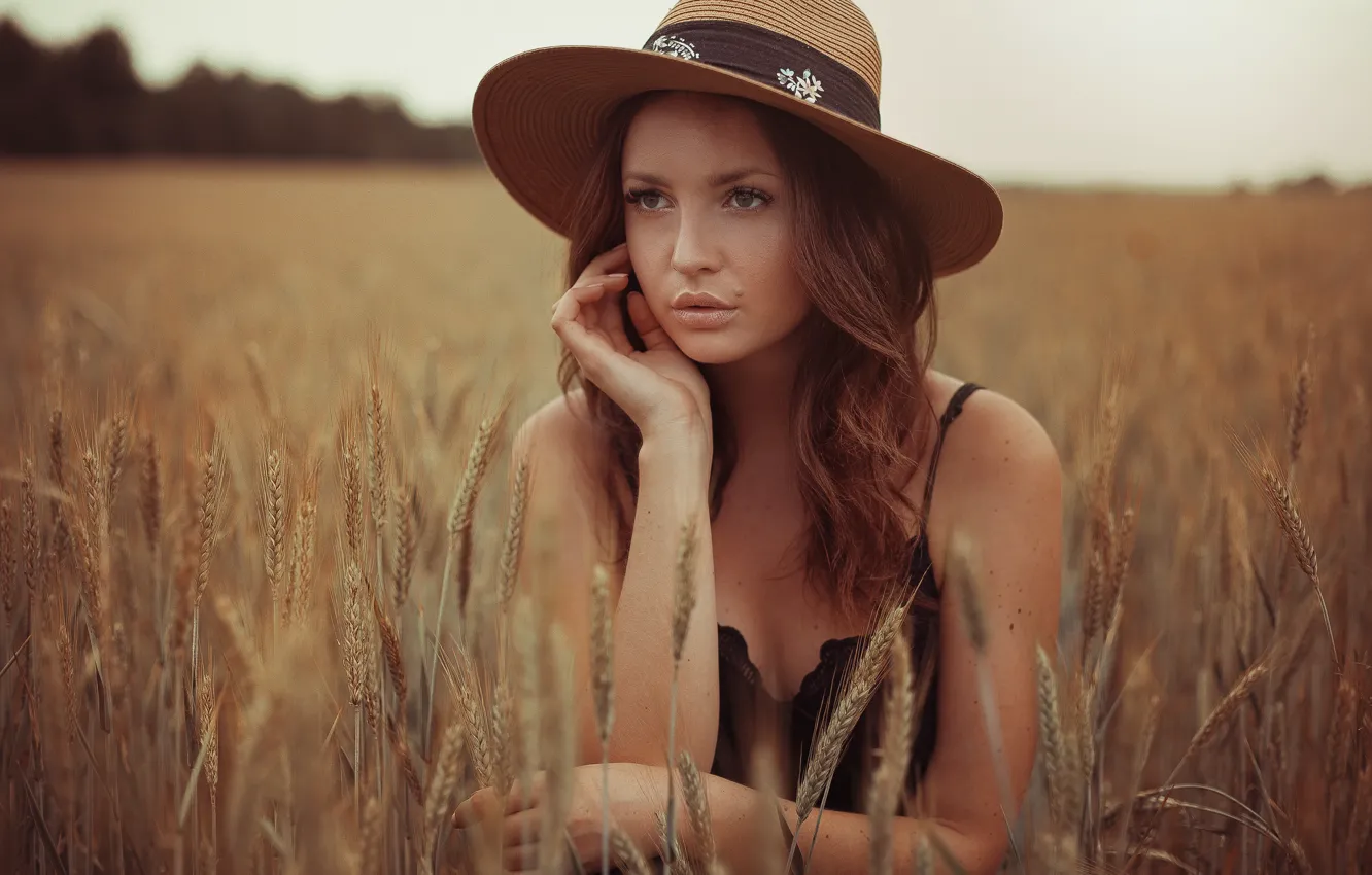 Фото обои поле, взгляд, девушка, лицо, настроение, шляпа, руки, колосья