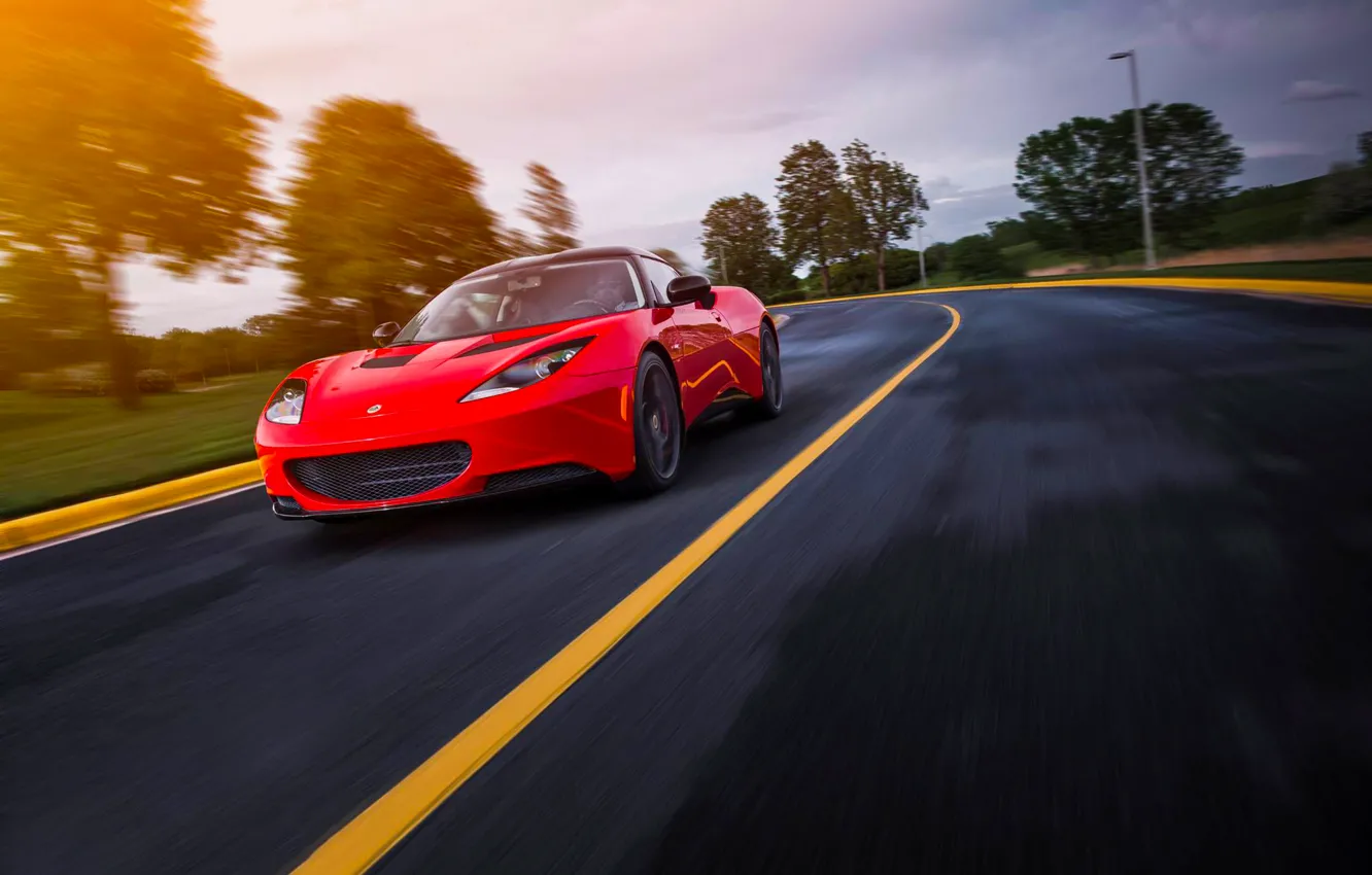 Фото обои Lotus, Red, Car, Speed, Front, Sun, Sport, Road