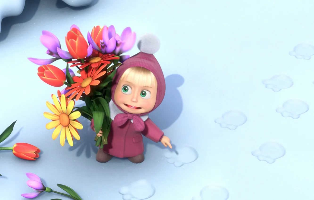 Фото обои снег, цветы, следы, маша и медведь