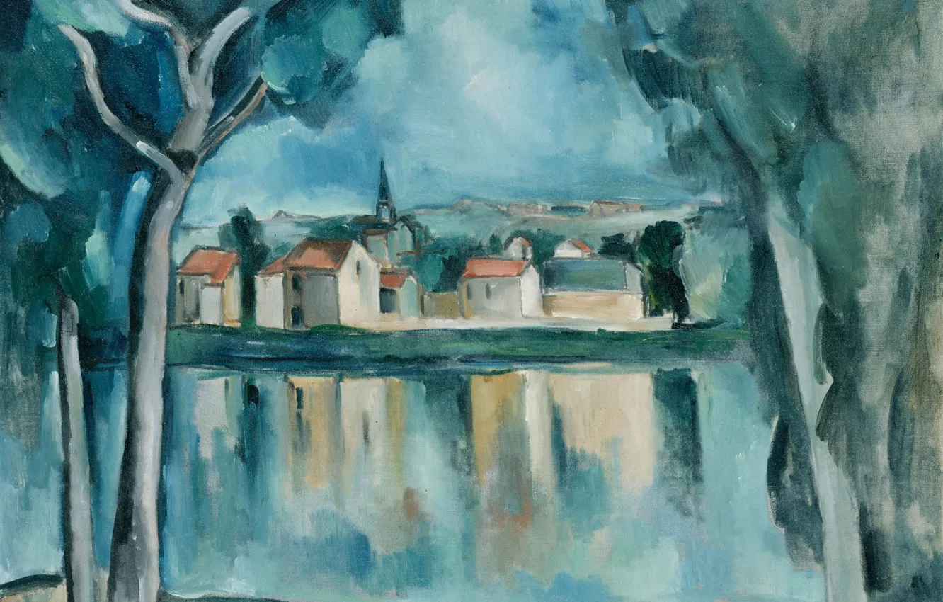 Фото обои деревья, пейзаж, дома, картина, Морис де Вламинк, Город на берегу озера