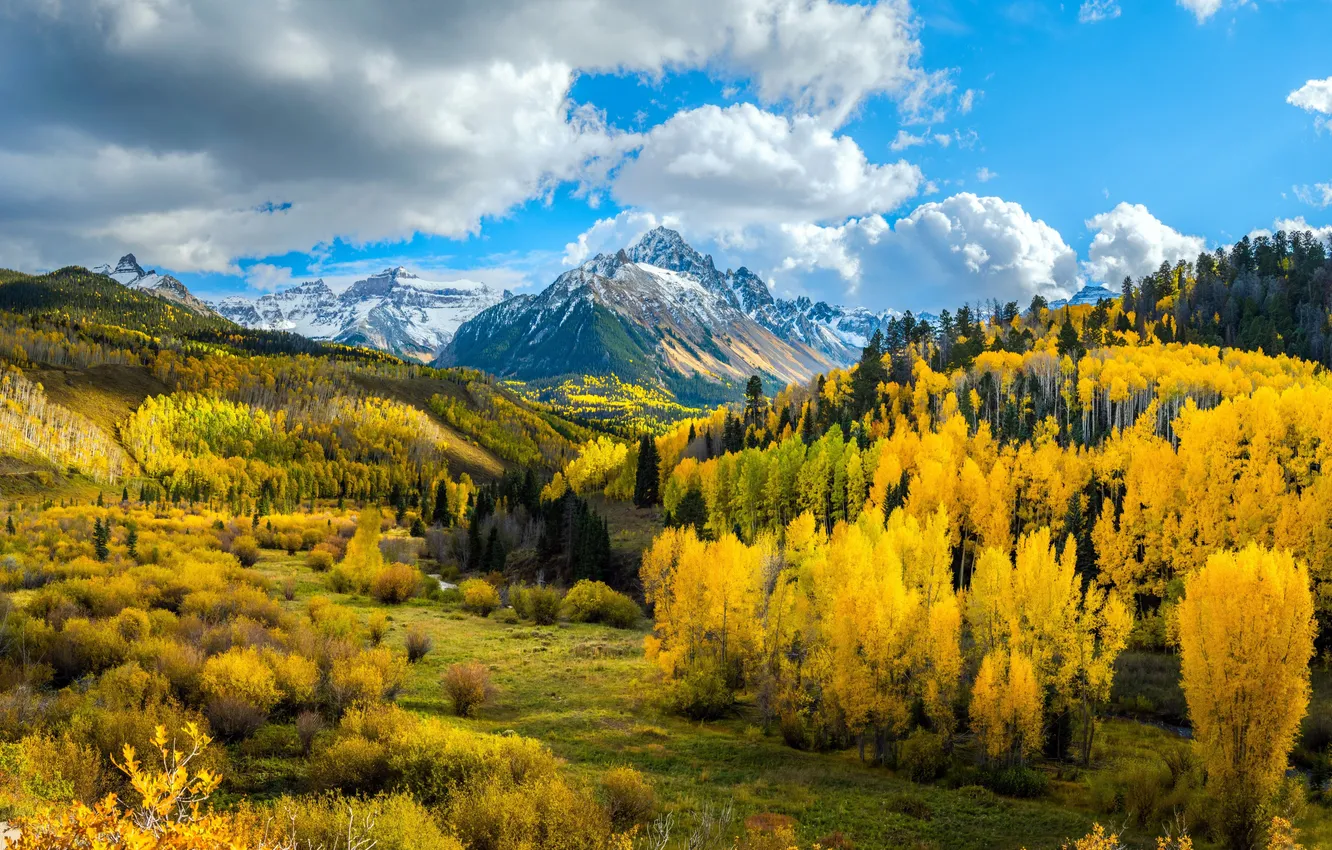 Фото обои осень, небо, деревья, горы, sky, trees, autumn, mountains