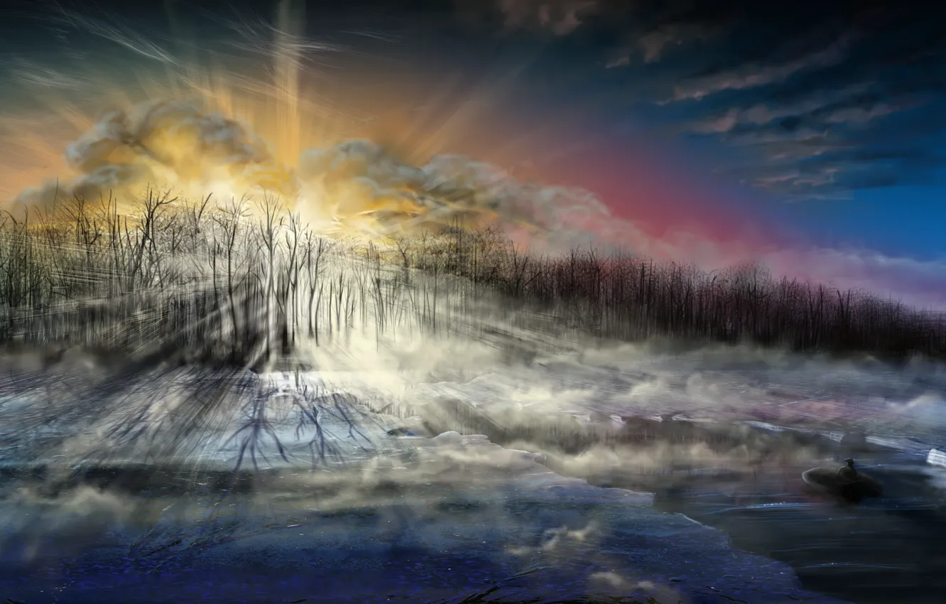 Фото обои холод, лед, море, небо, лучи, деревья, пейзаж, лодка