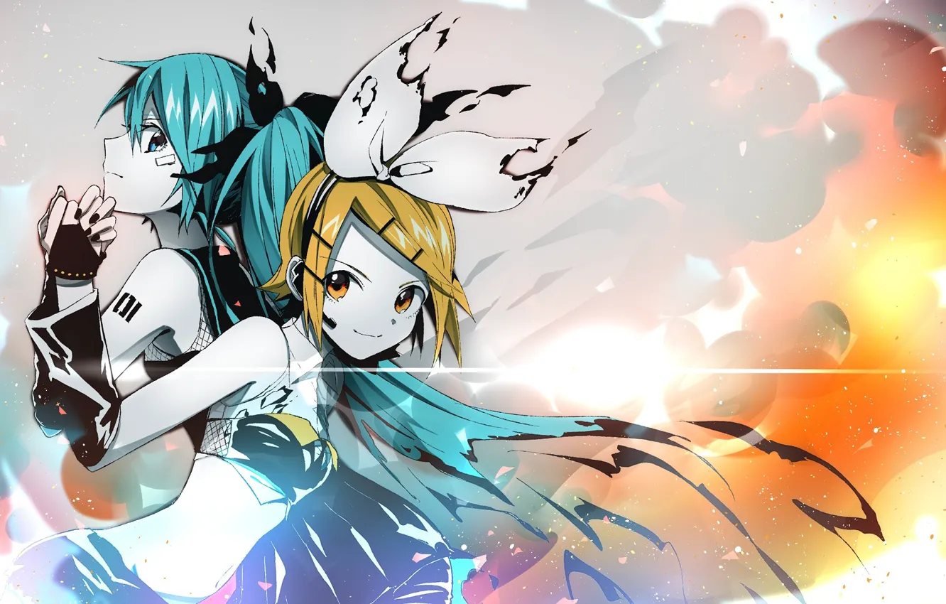 Фото обои девушки, аниме, арт, vocaloid, hatsune miku, kagamine rin