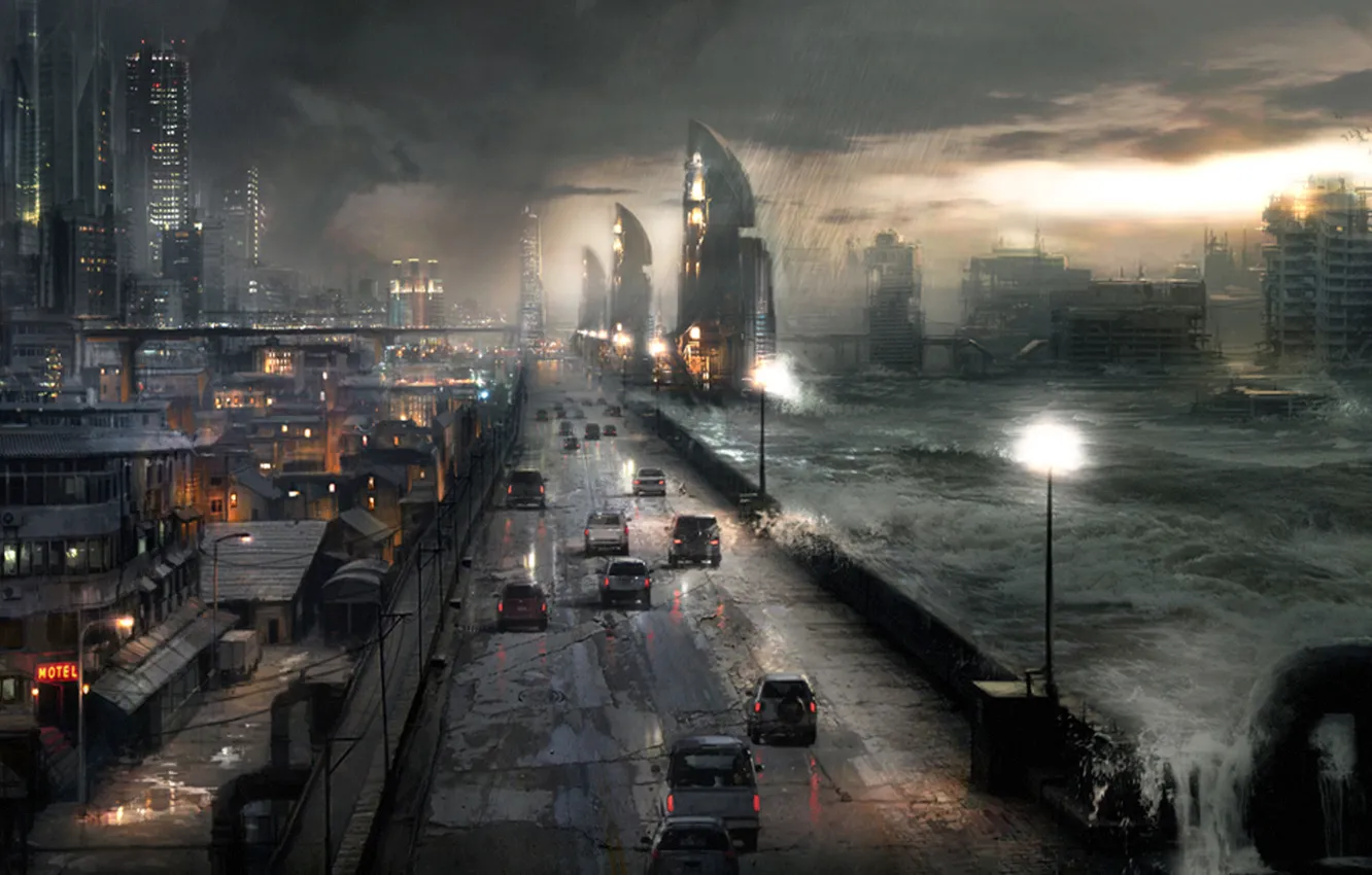 Фото обои дорога, машины, ночь, город, апокалипсис, буря
