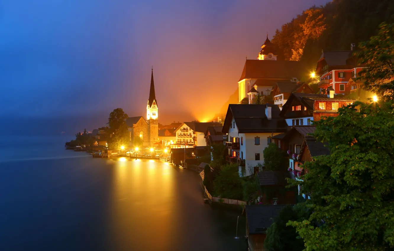 Фото обои горы, ночь, огни, озеро, дома, Австрия, Альпы, Austria