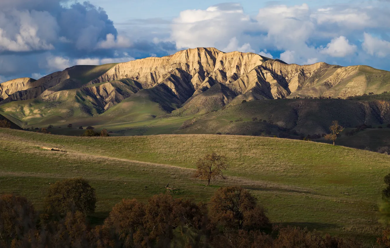 Фото обои поле, осень, облака, свет, деревья, горы, скалы, холмы