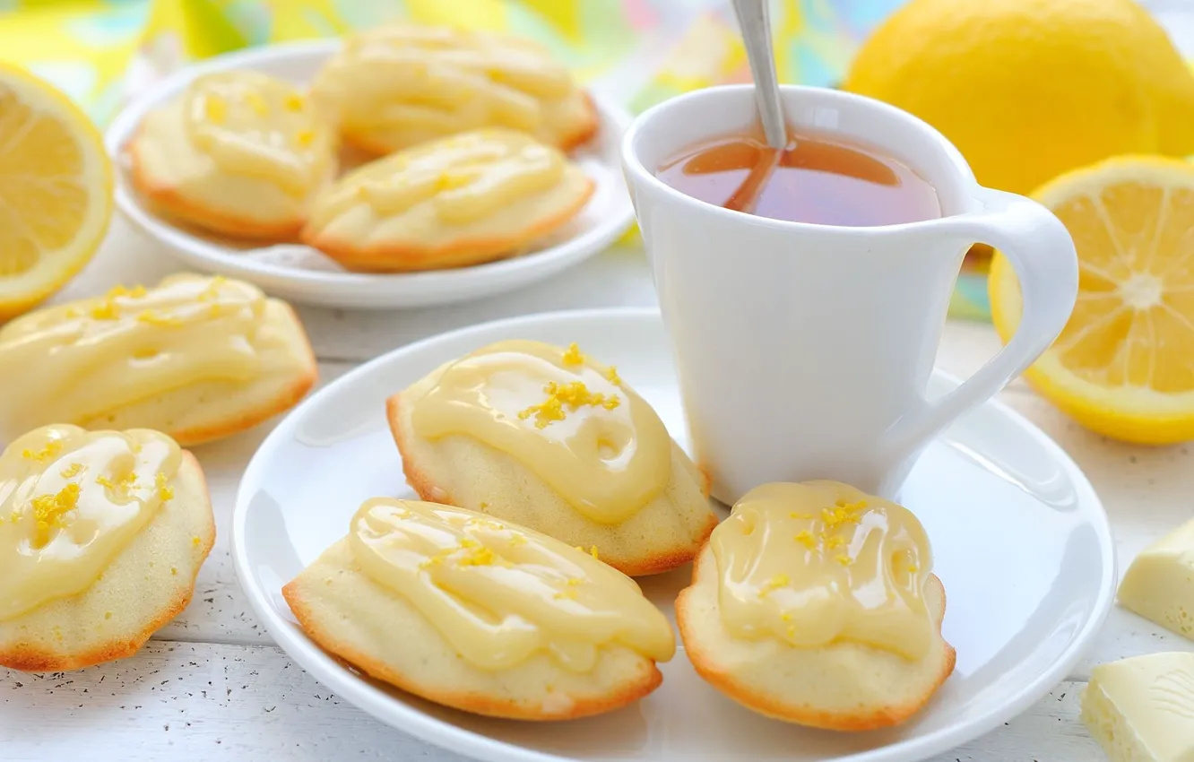 Фото обои лимон, чай, печенье, крем, сладкое, мадлены