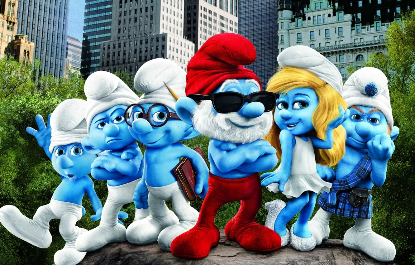Фото обои город, Нью-Йорк, гномы, небоскрёбы, the movie, Смурфики, Smurfs