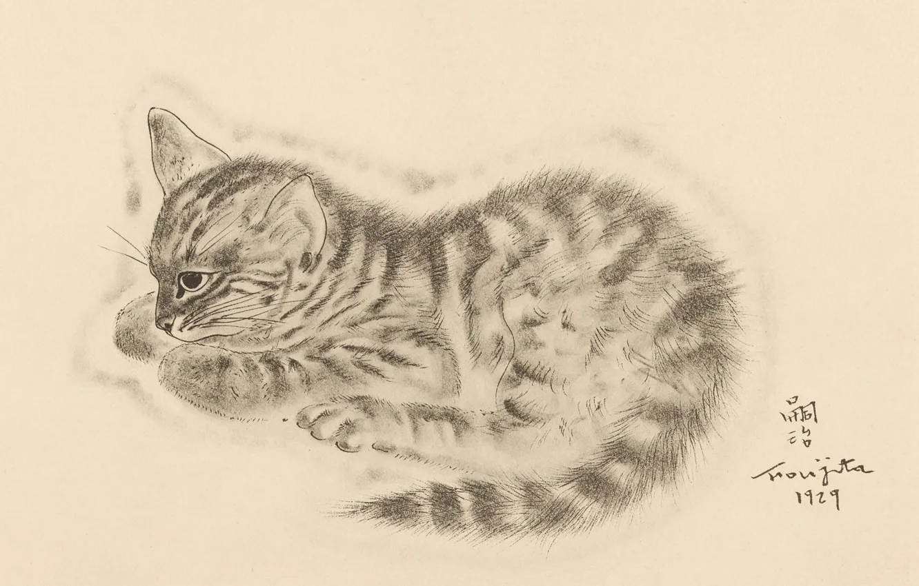Фото обои глаз, котёнок, задумался, 1929, Tsuguharu Foujita, Книга Кошек