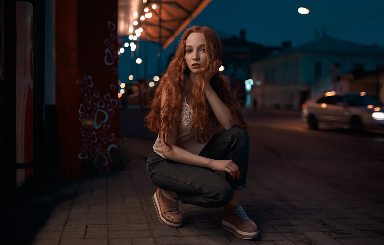 Фото обои девушка, ночь, сидит, Вячеслав Шишков, рыжие локоны