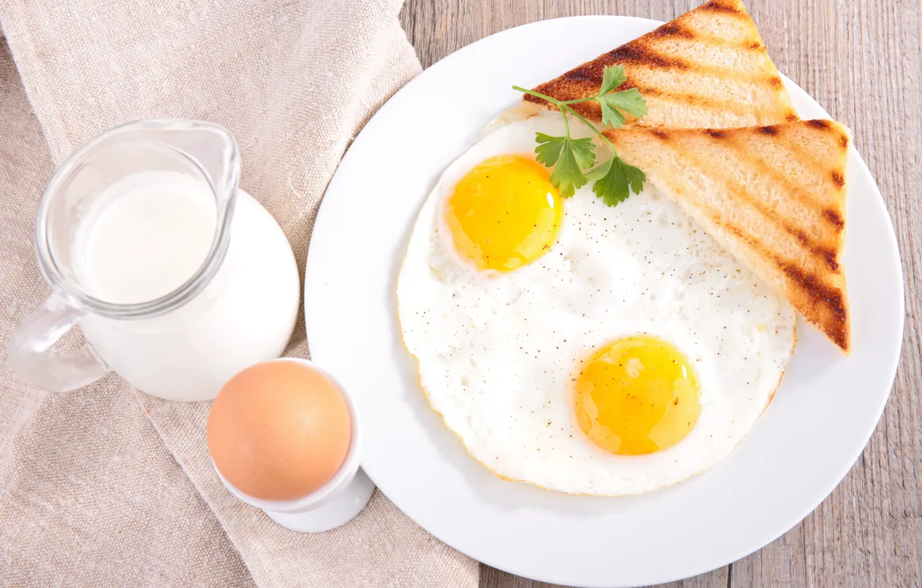 Фото обои зелень, яйца, завтрак, молоко, хлеб, eggs, bread, milk