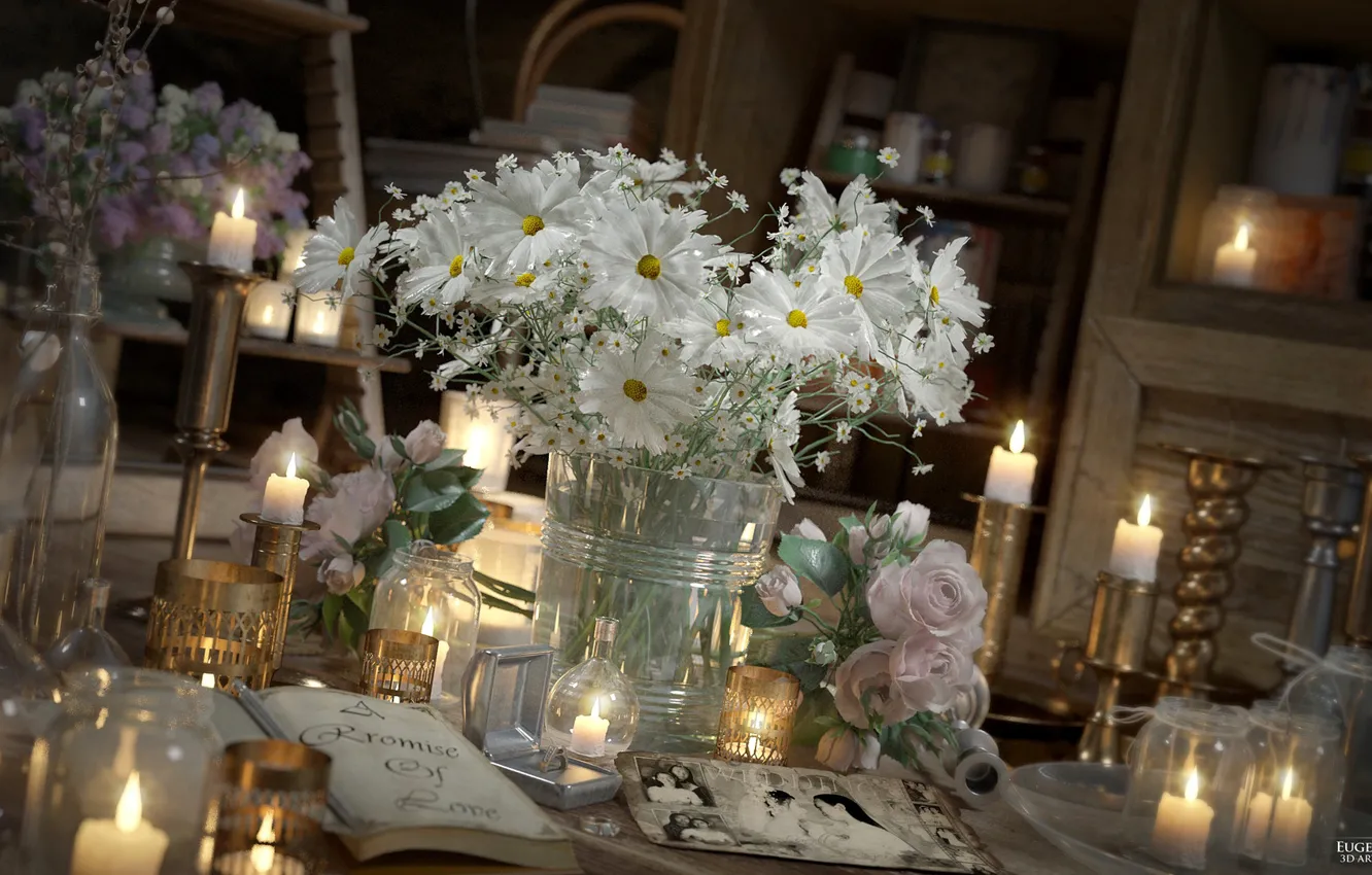 Фото обои цветы, фотография, свечи, склянки, A PROMISE OF LOVE