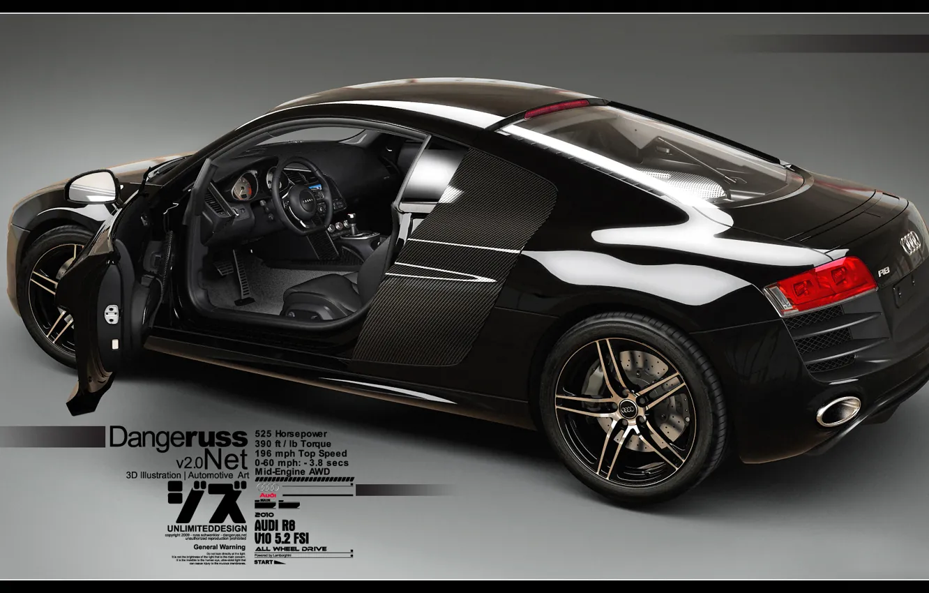 Фото обои Audi R8, V10, 3D Car, Black Car