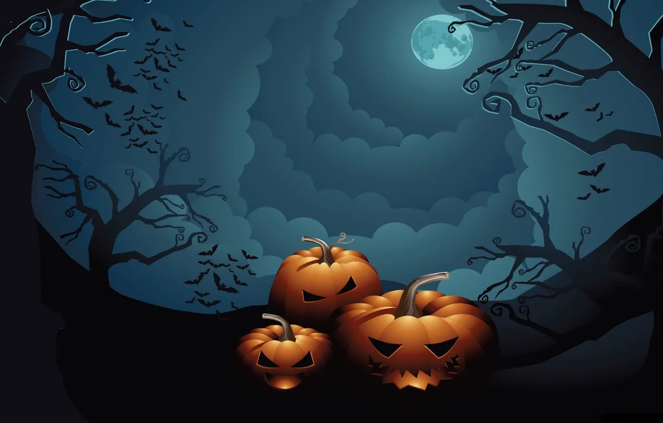 Фото обои небо, деревья, ночь, праздник, тыквы, Хеллоуин