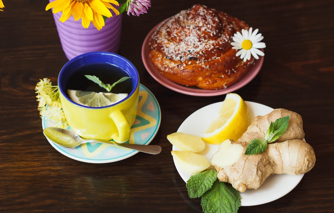 Фото обои лимон, чай, чашка, lemon, травы, выпечка, cup, булочка