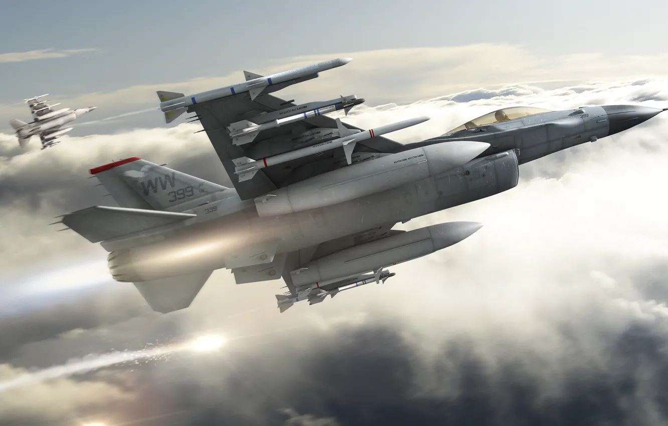 Фото обои облака, полет, ракеты, арт, самолеты, истребители, F-16