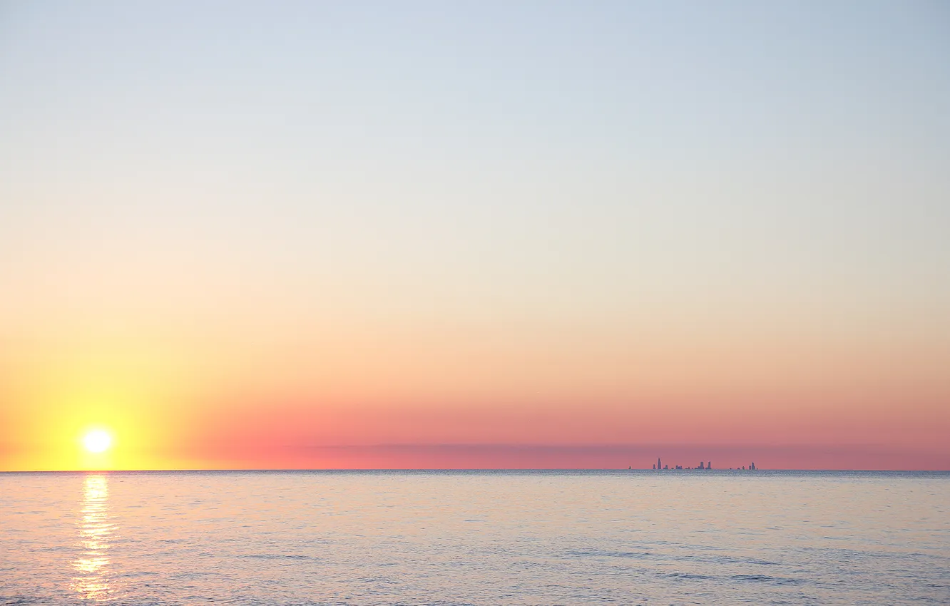 Фото обои город, океан, рассвет, горизонт, Chicago from Indiana