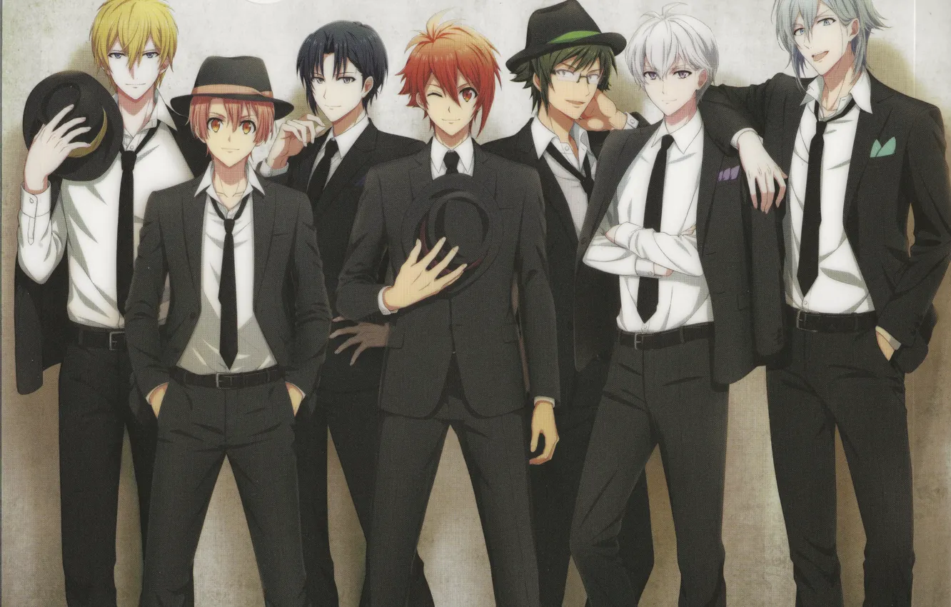 Фото обои группа, шляпа, рыжий, очки, галстук, парни, белая рубашка, деловой костюм