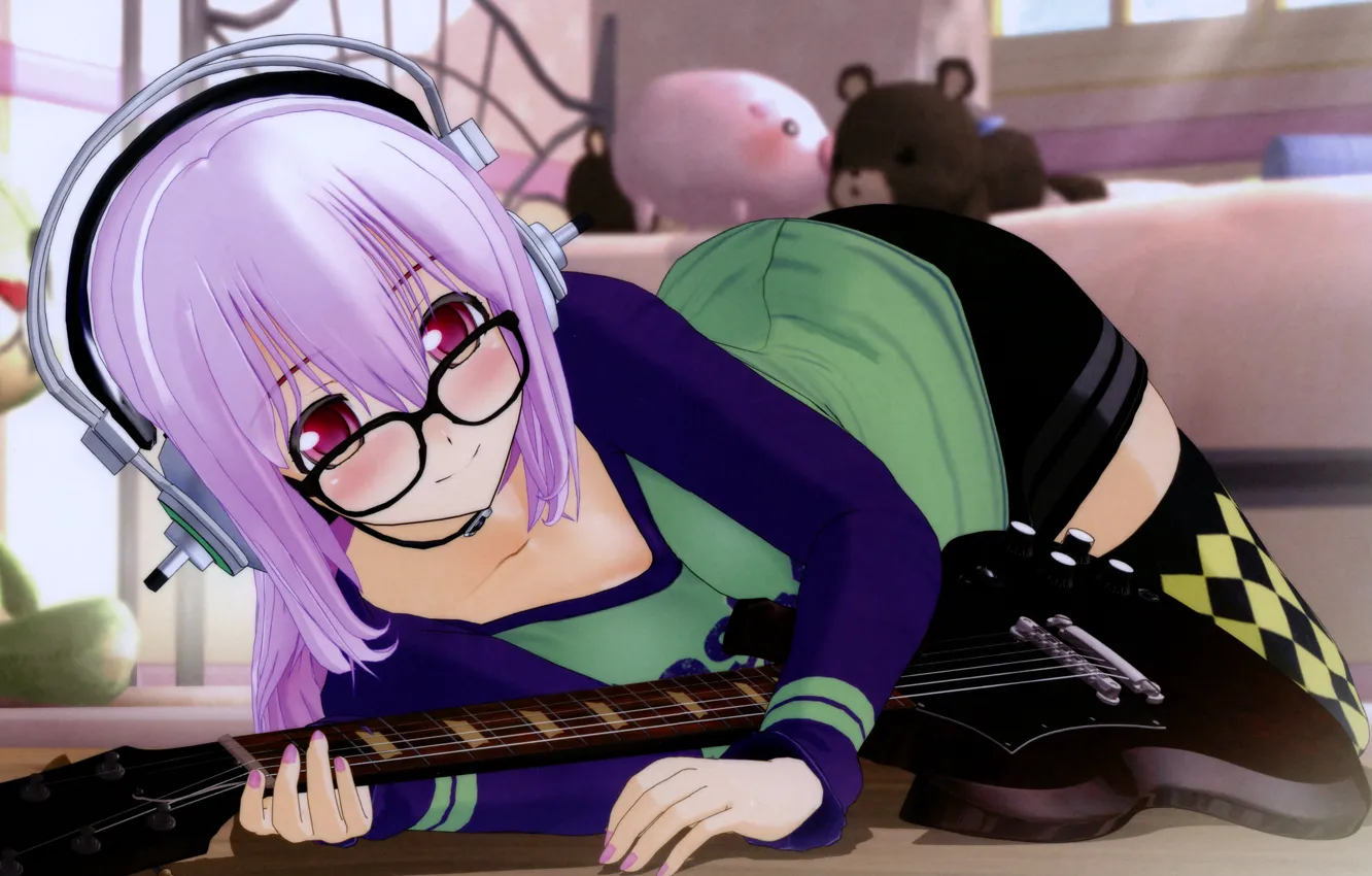 Фото обои гитара, наушники, очки, розовые волосы, Soniko