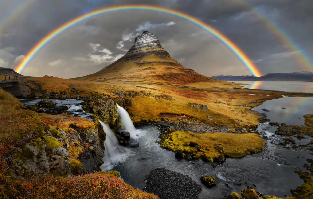 Фото обои природа, гора, водопад, радуга
