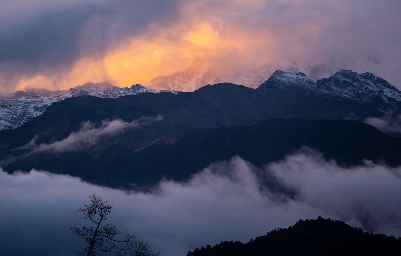 Фото обои облака, пейзаж, горы, природа, туман, фон, вершины, высота