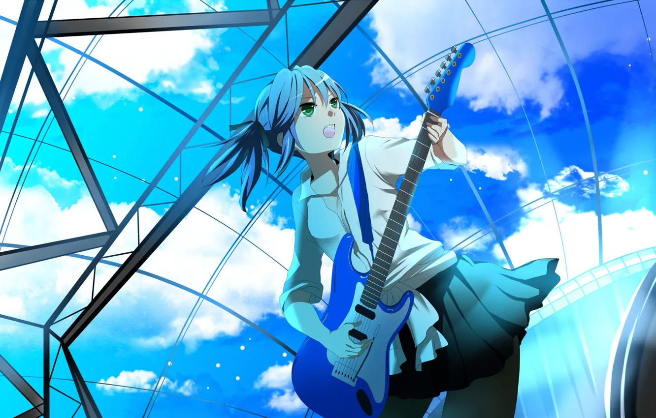 Фото обои небо, облака, гитара, vocaloid, hatsune miku