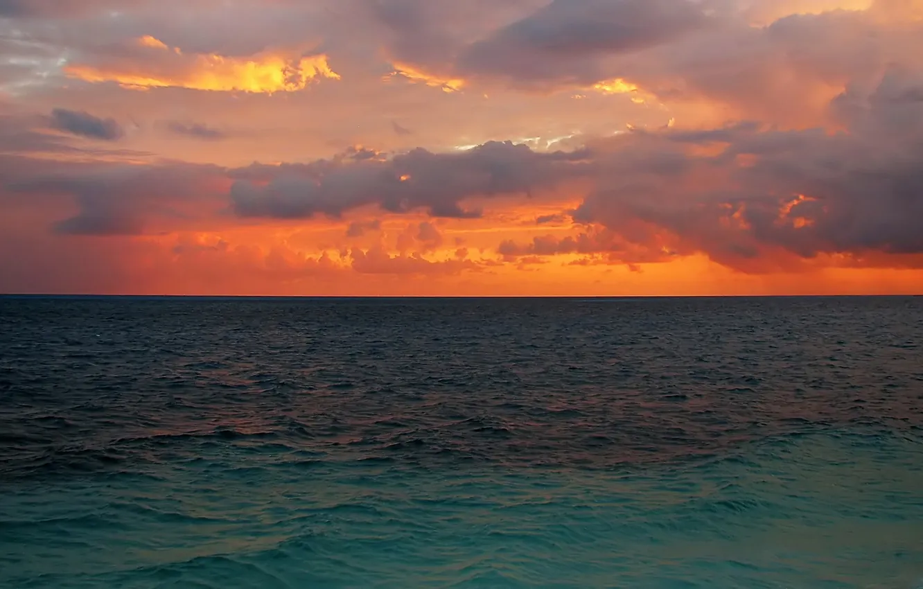 Фото обои море, небо, вода, облака, закат, тучи, даль, горизонт