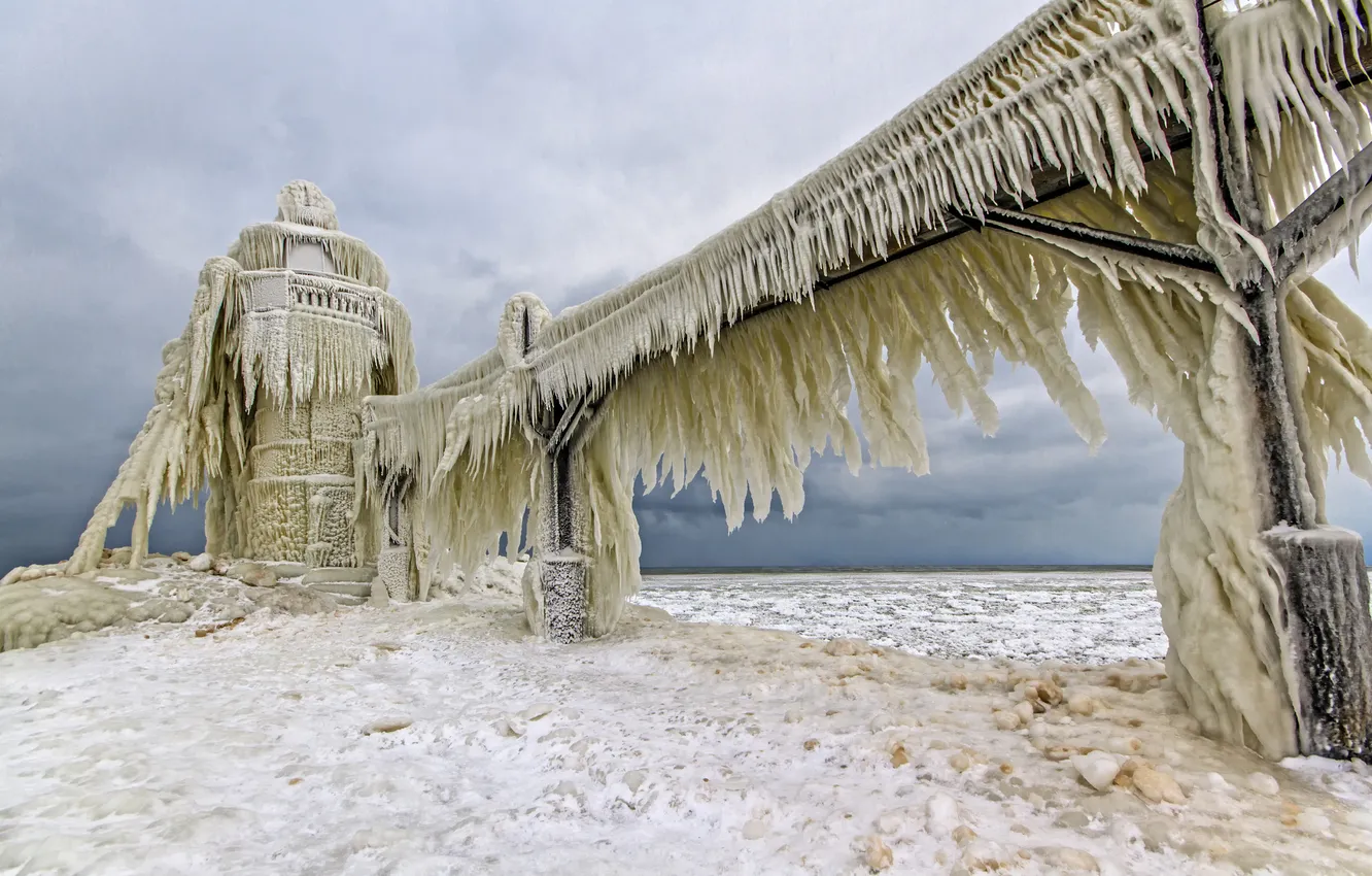 Фото обои стихия, маяк, лёд, мороз, озеро Мичиган, Lake Michigan