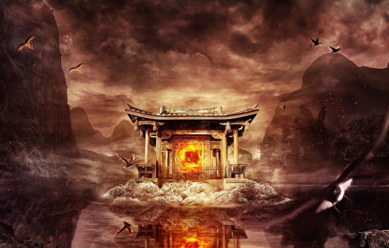 Фото обои небо, вода, деревья, птицы, отражение, огонь, искры, храм