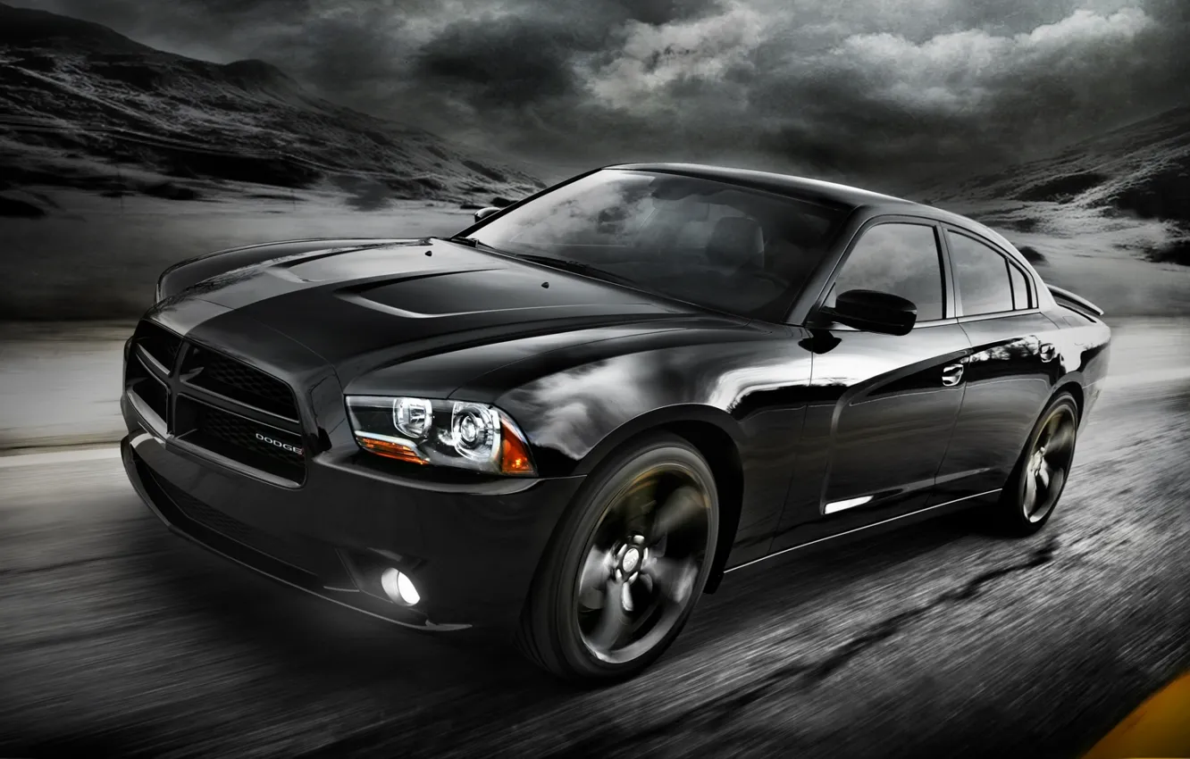 Фото обои дорога, небо, тучи, чёрный, 2012, додж, dodge, charger