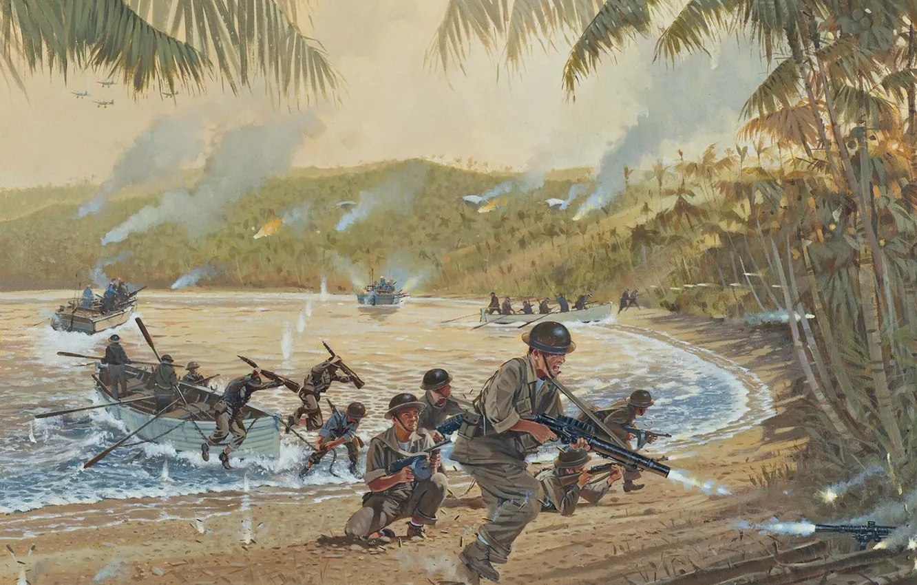 Фото обои огонь, война, дым, рисунок, солдаты, катера, лагуна, выстрелы