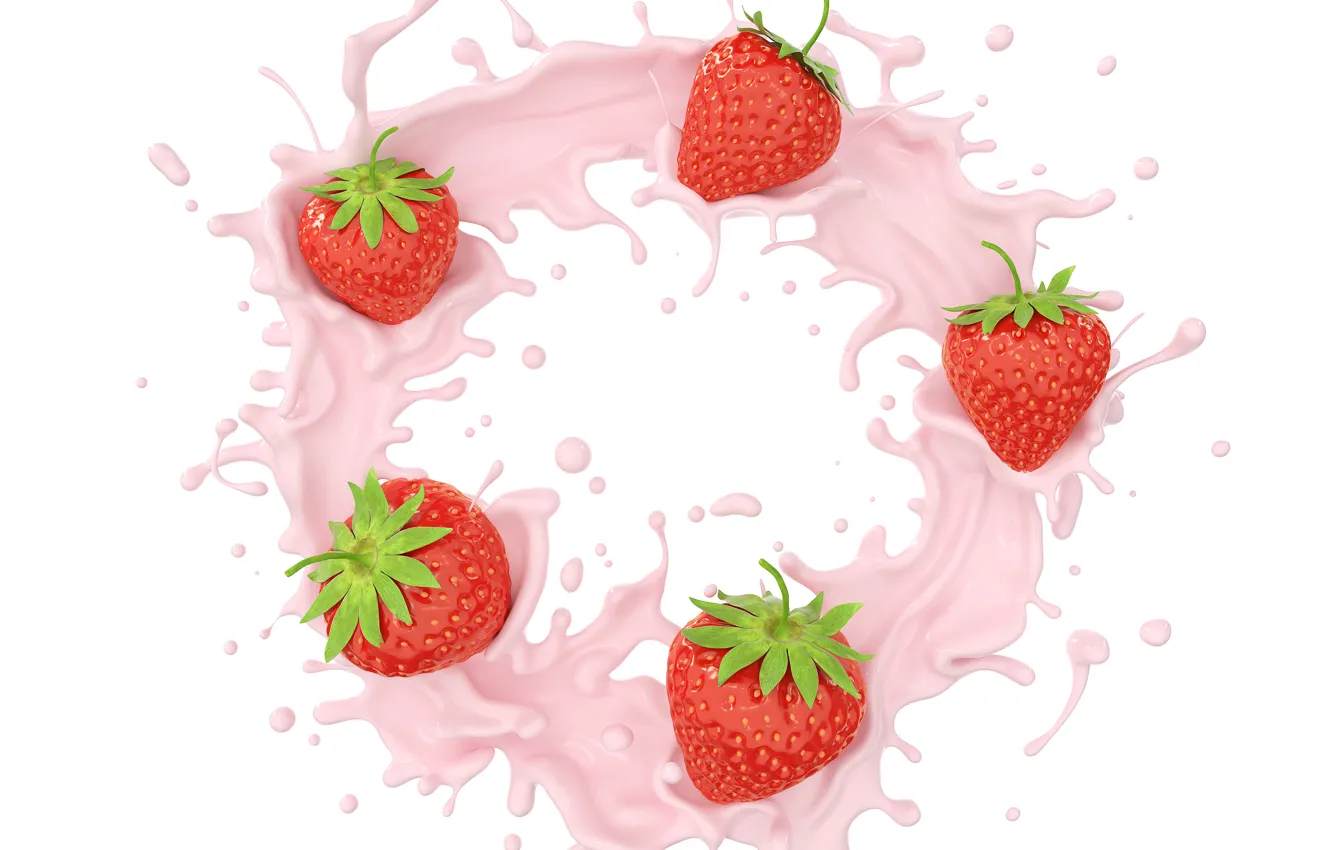 Фото обои белый, брызги, ягоды, фон, всплеск, клубника, йогурт
