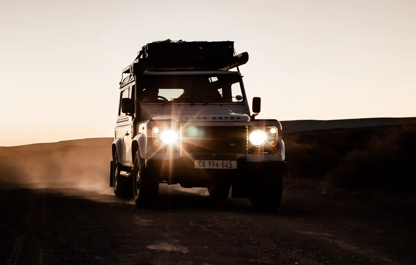 Фото обои Land Rover, Lights, Defender, Desert, Offroad