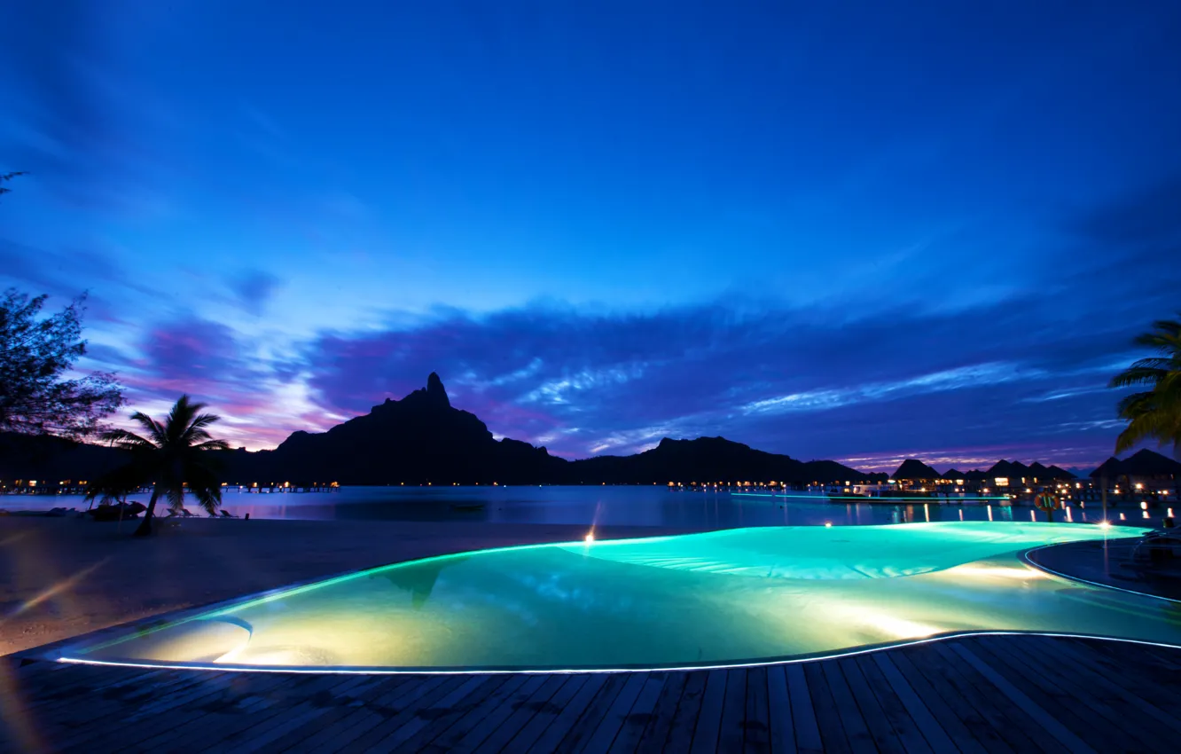 Фото обои ночь, океан, бассейн, курорт, Bora-Bora at night