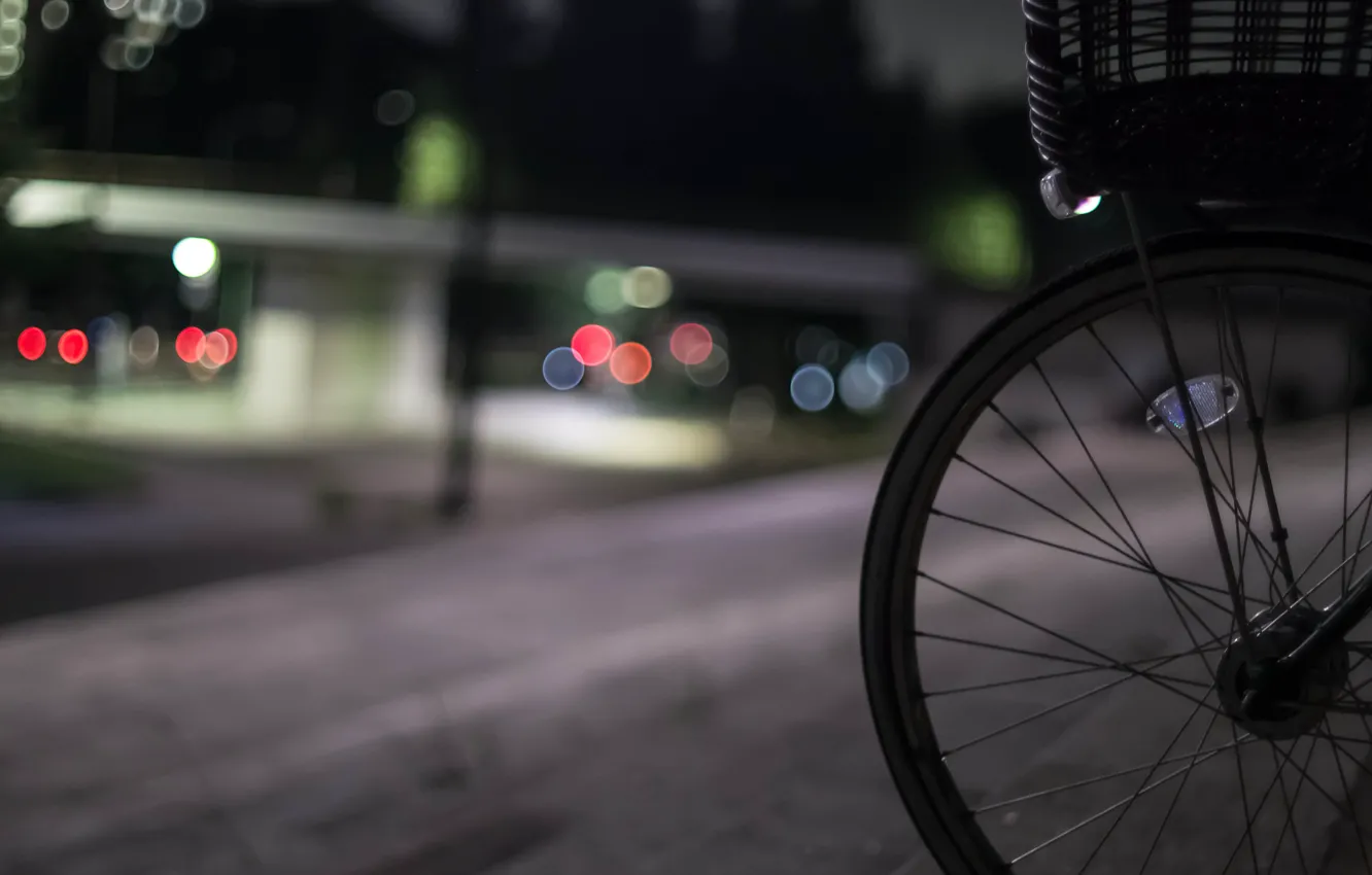 Фото обои ночь, велосипед, город, огни, улица, боке