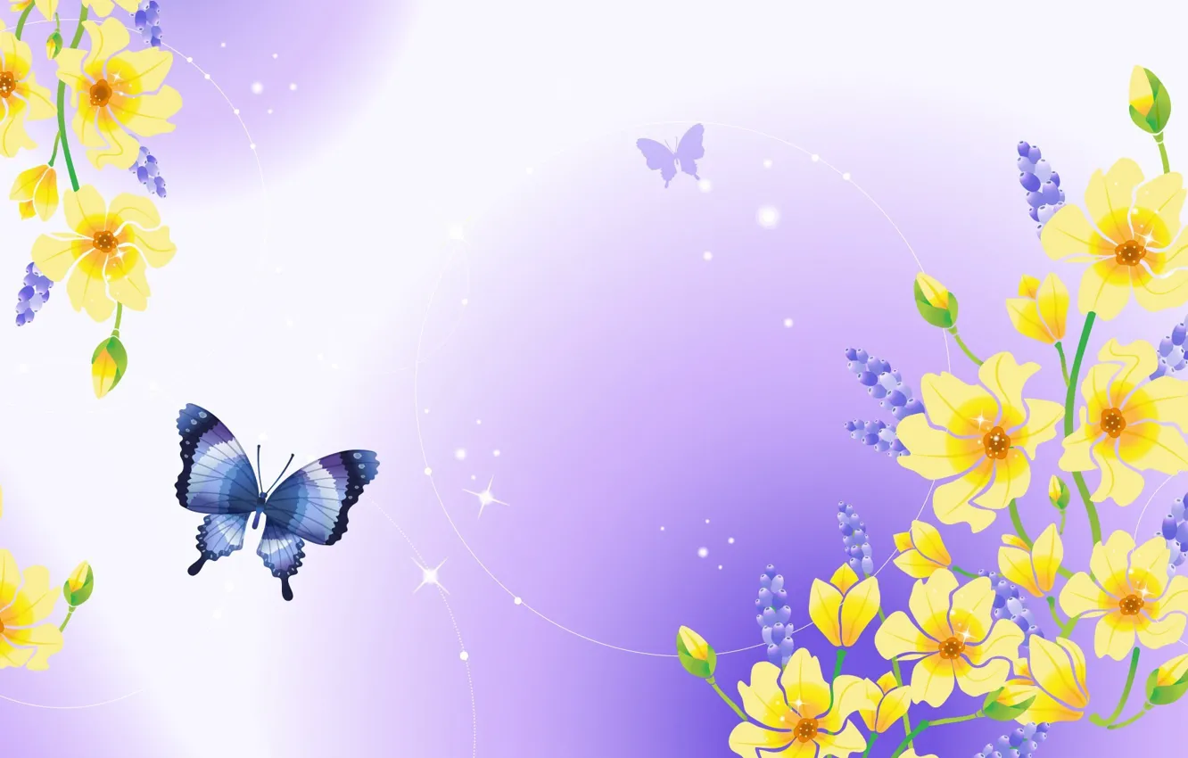 Фото обои цветы, природа, бабочка, блеск, растения, почки, фиолетовый фон