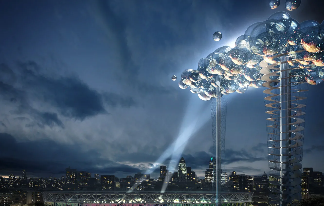 Фото обои шары, Лондон, башня, Великобритания, Проект, лучи света, стадион, Олимпийские игры 2012