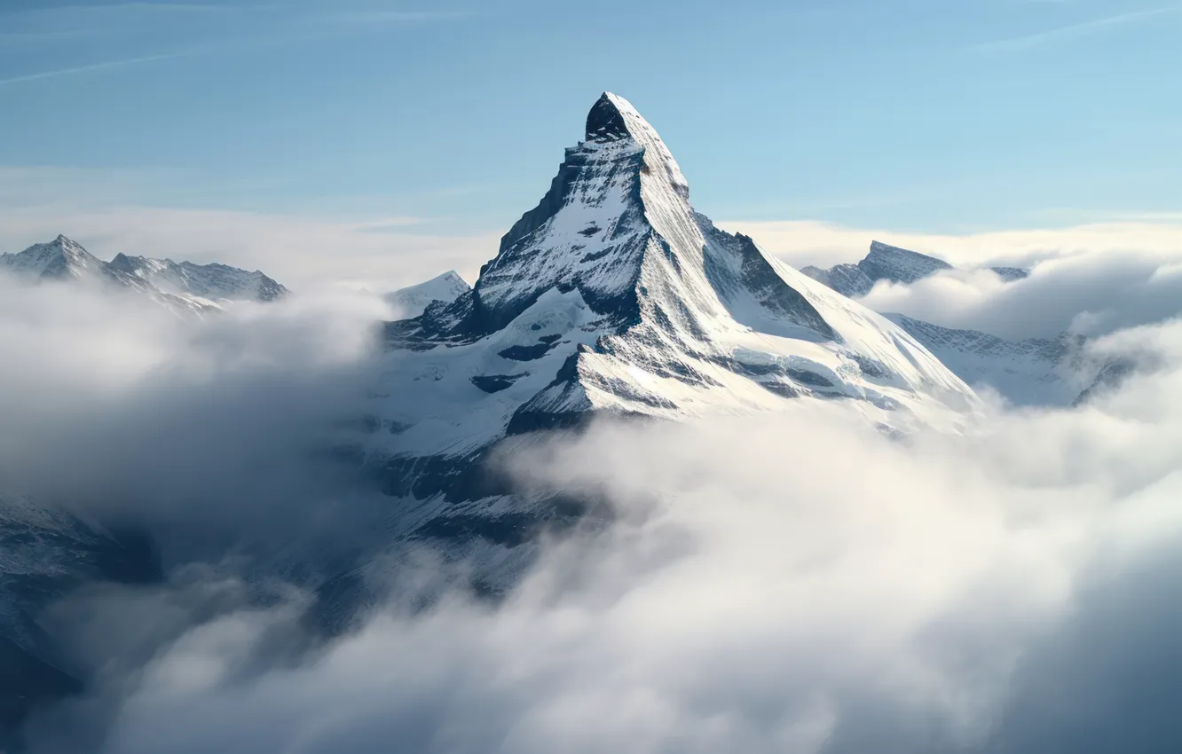 Фото обои зима, облака, снег, пейзаж, горы, природа, туман, рендеринг