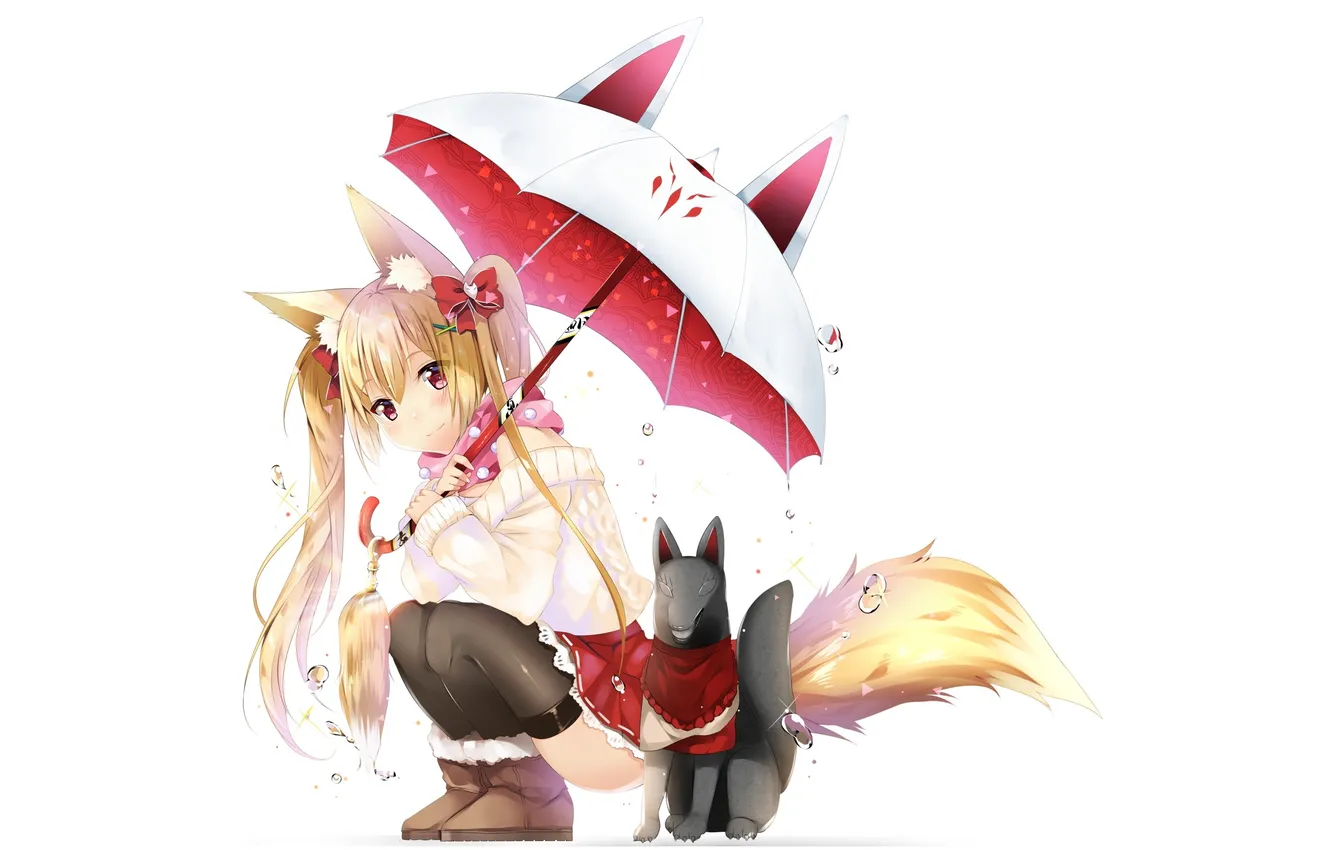 Фото обои девушка, улыбка, зонт, аниме, арт, лиса, хвост, ушки