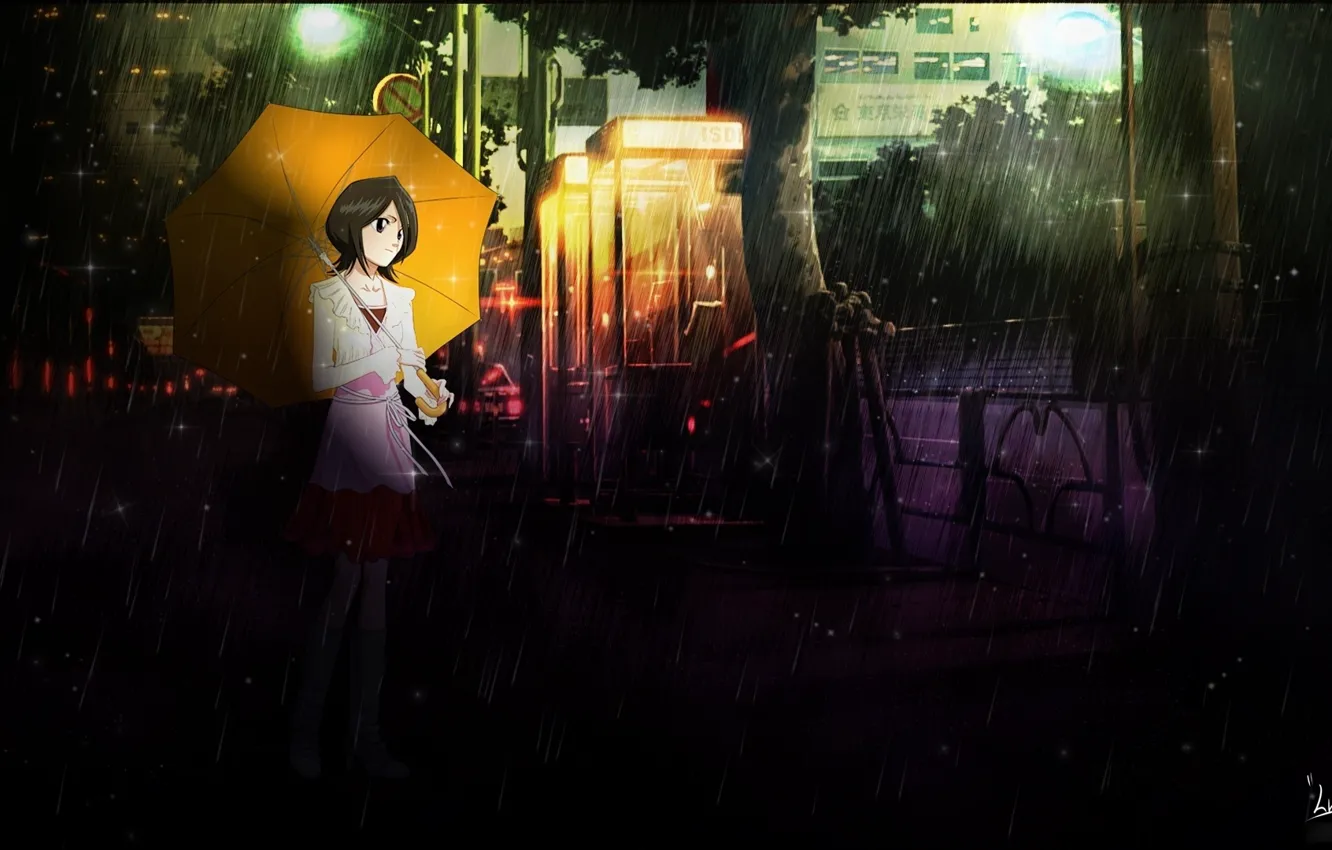 Фото обои машина, девушка, зонтик, дождь, улица, Bleach, Блич, Kuchiki Rukia
