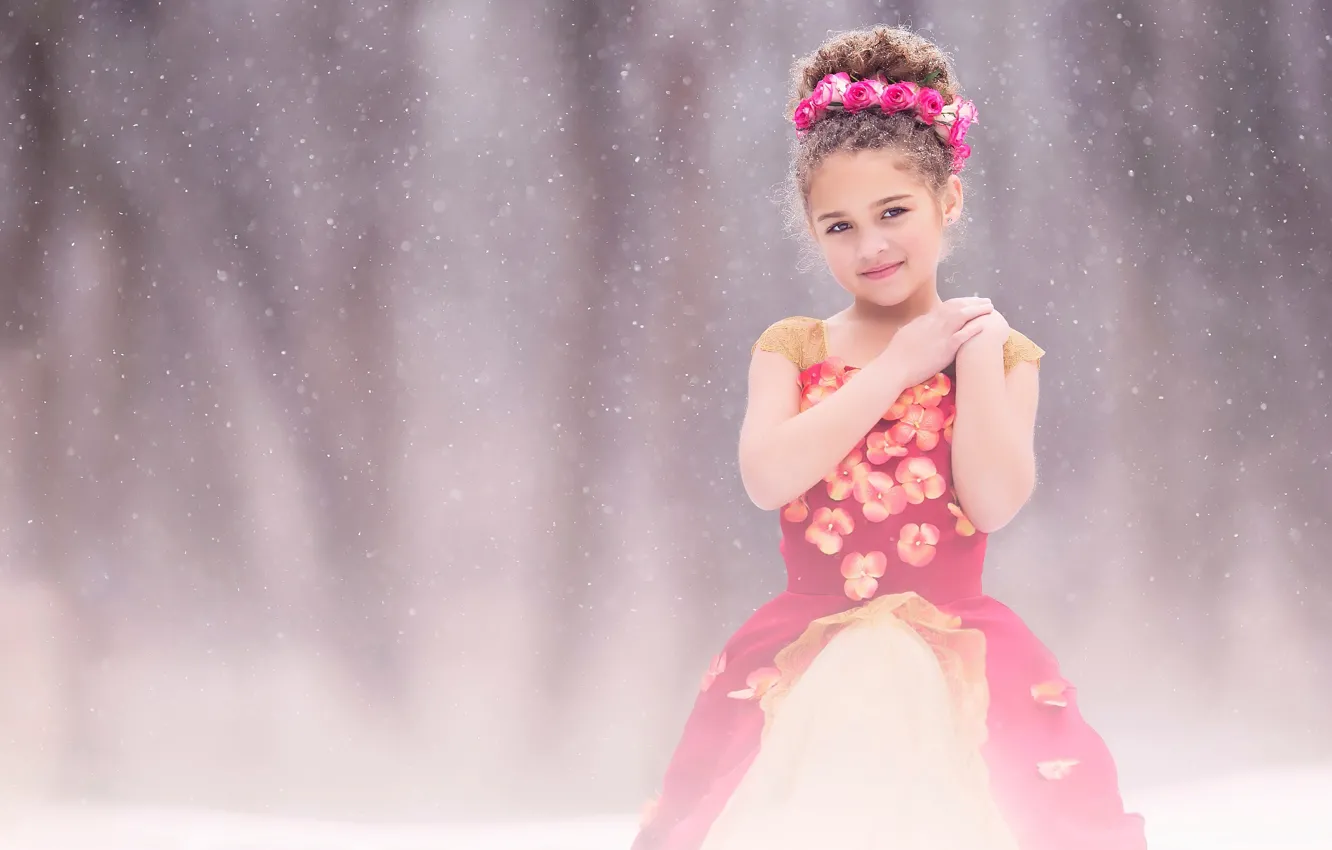 Фото обои снег, розы, платье, девочка, fine art, children photography