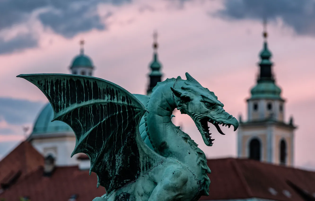 Фото обои Дракон, Крылья, Словения, Slovenia, Оскал, Любляна, Ратуша, Ljubljana