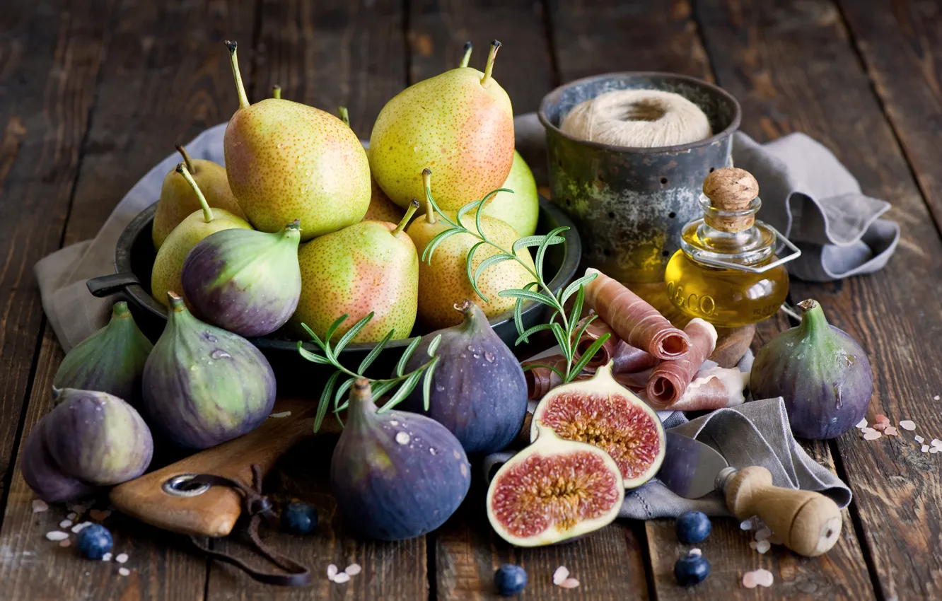 Фото обои масло, еда, фрукты, груши, ветчина, инжир, Anna Verdina