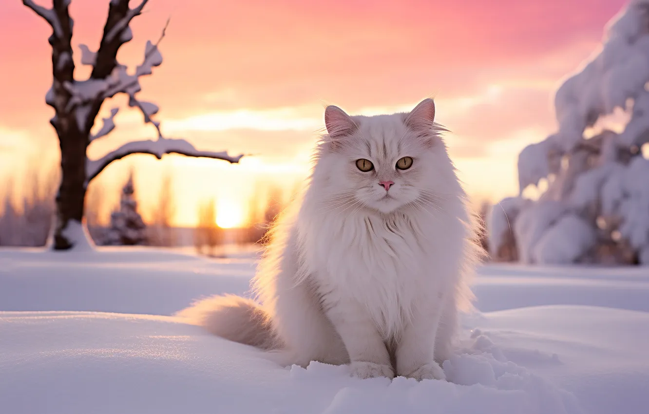 Фото обои зима, поле, кошка, белый, небо, кот, взгляд, облака