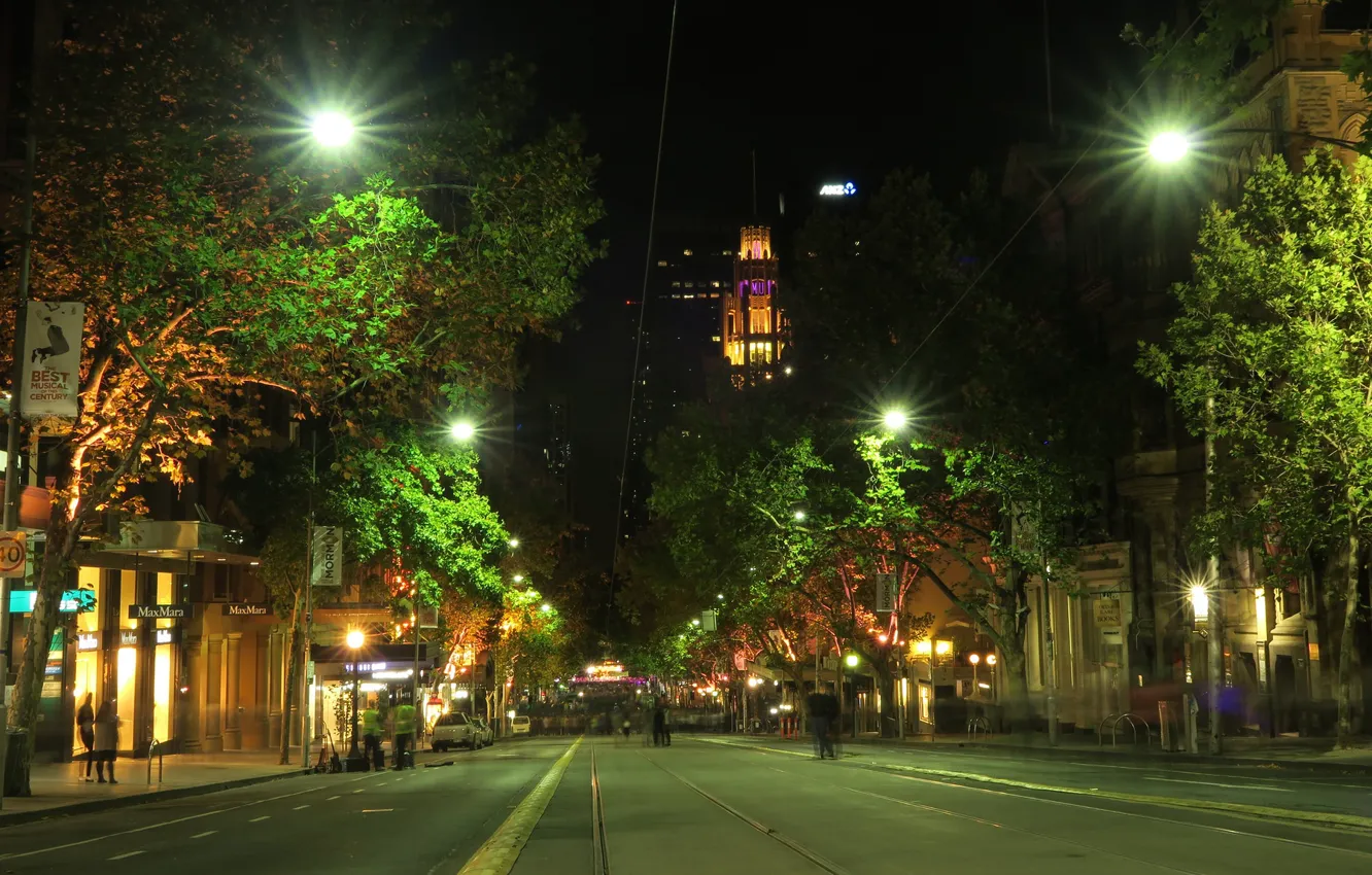 Фото обои деревья, ночь, огни, улица, дома, Австралия, Мельбурн